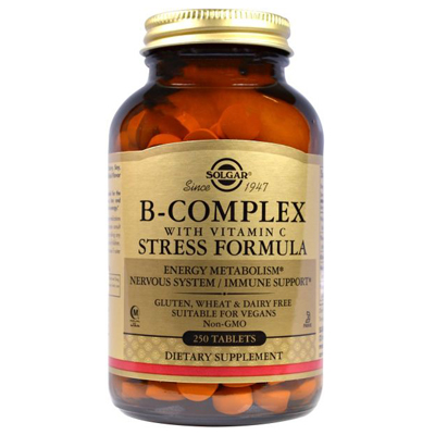 SOLGAR, COMPLEXE B AVEC FORMULE DE STRESS VITAMIN C, 250 COMPRIMÉS